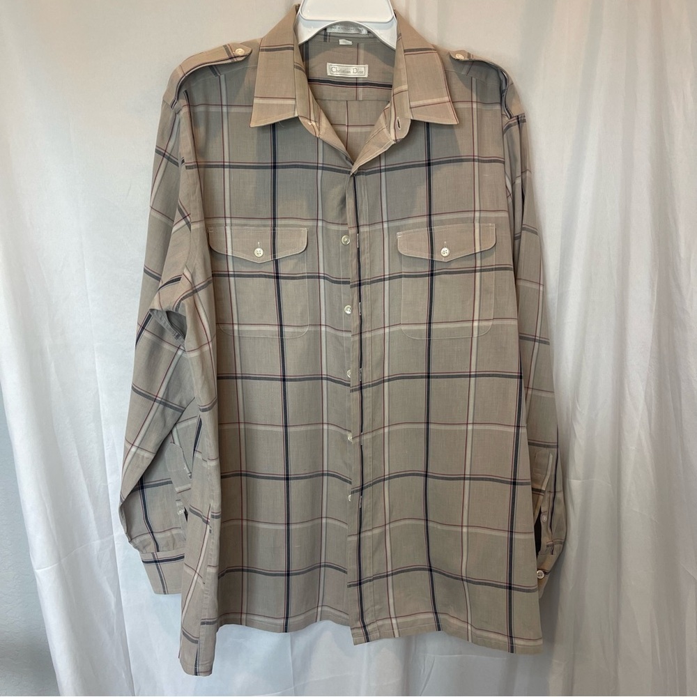 Christian Dior Long Sleeve Button Down Size XL Tan/Navy/Red Plaid